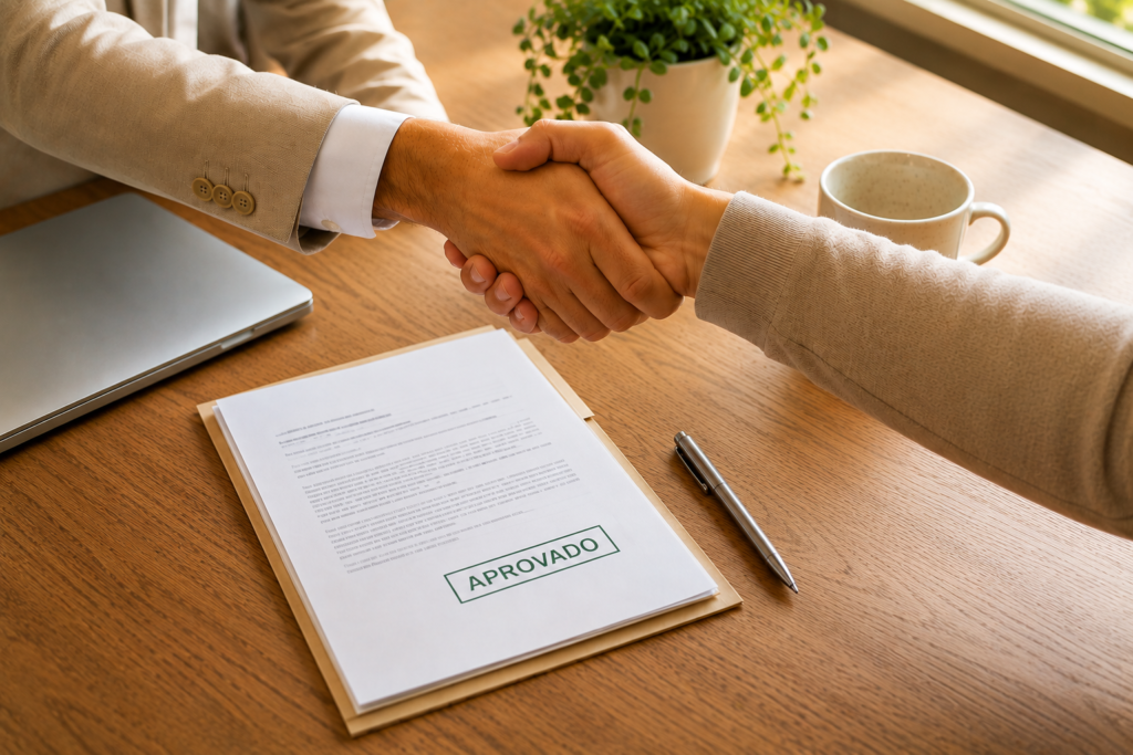 Aperto de mãos entre paciente e consultor sobre mesa organizada com documento aprovado, notebook e caneta, simbolizando suporte, transparência e ausência de custos para o paciente.